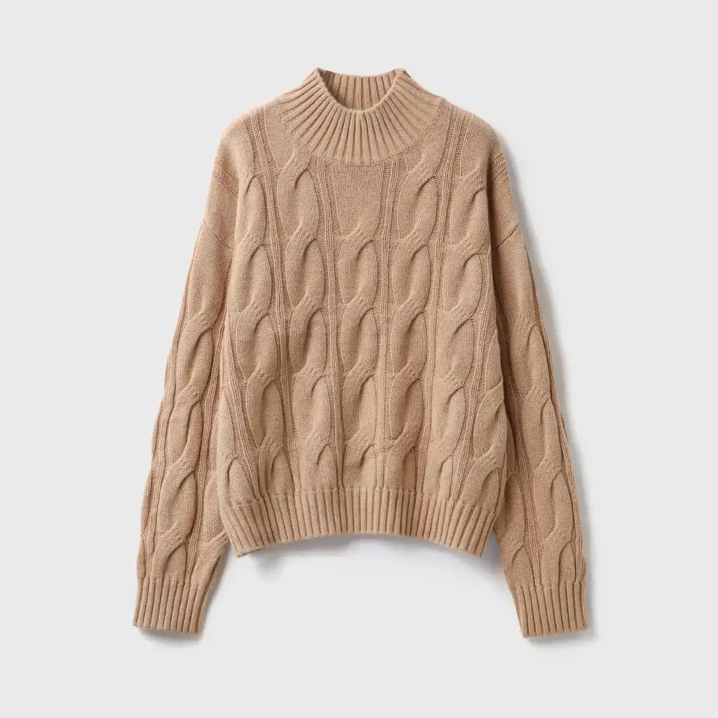 Artistic Vintage Twisted Pattern Full Wool Turtleneck Drop-shoulder Sleeve Knitted Pullover Autumn Women - Camel