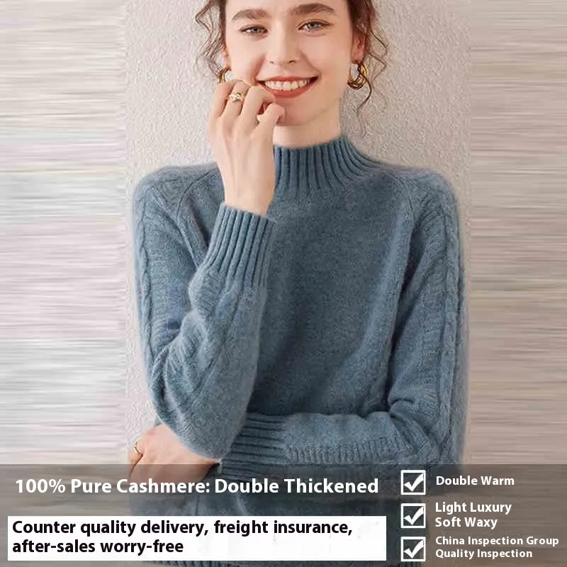 Pure Cashmere Sweater Autumn And Winter Thickened Knitting Bottoming Shirt - Haze Blue