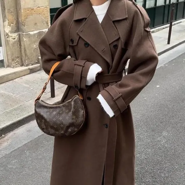 Women's Fashion With Belt Wool Large Coat Brown - Shop at LoveMi