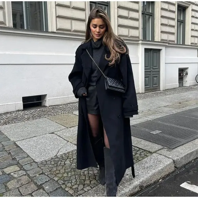 Women's Fashion With Belt Wool Large Coat Black - Shop at LoveMi