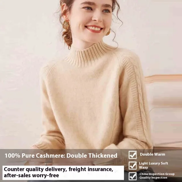 Pure Cashmere Sweater Autumn And Winter Thickened Knitting Bottoming Shirt Beige - Shop at LoveMi
