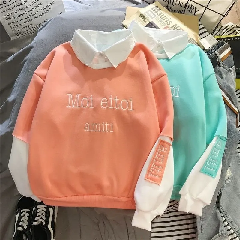 Lazy Style Fake Two Thin Spring And Autumn New Patchwork Sweater - Orange