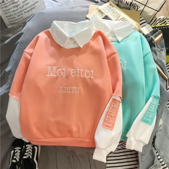Lazy Style Fake Two Thin Spring And Autumn New Patchwork Sweater Orange - Shop at LoveMi