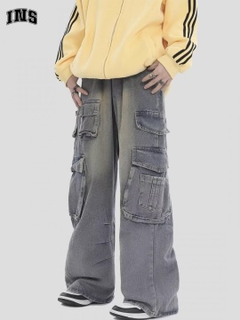 American Retro Multi-pocket Straight Cargo Jeans