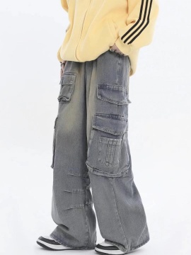 American Retro Multi-pocket Straight Cargo Jeans