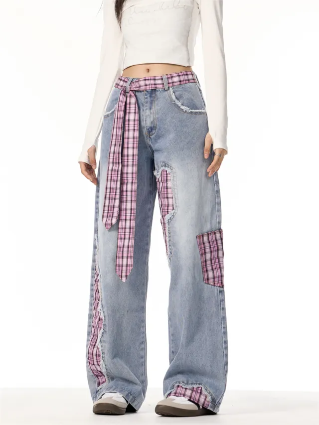 Bowknot Loose Sweet Cool Plaid Stitching Jeans Women's Straight Wide Leg Pants Blue - Shop at LoveMi