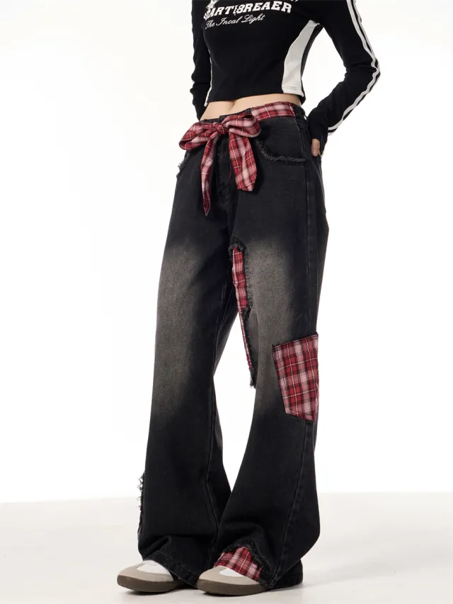 Bowknot Loose Sweet Cool Plaid Stitching Jeans Women's Straight Wide Leg Pants Black - Shop at LoveMi