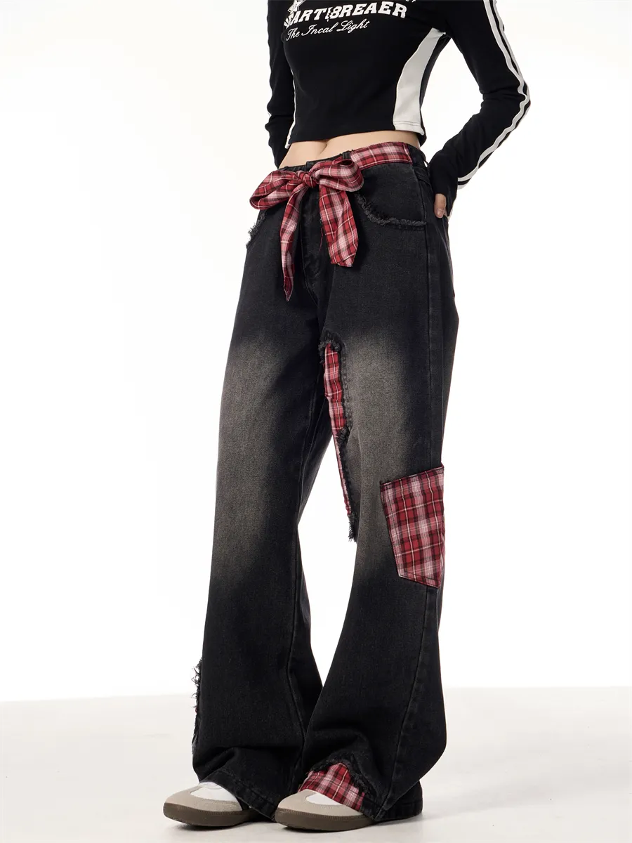 Bowknot Loose Sweet Cool Plaid Stitching Jeans Women's Straight Wide Leg Pants - Black
