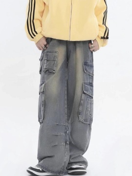 American Retro Multi-pocket Straight Cargo Jeans