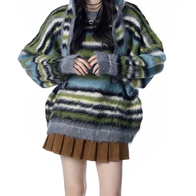 Striped Idle Style Mohair Women's Scarf Hat Sweater Gray - Shop at LoveMi