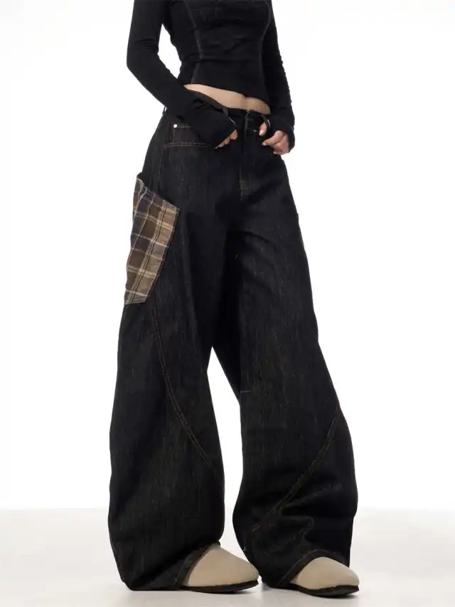 Retro Plaid Stitching Jeans Women's Straight Wide leg Pants Black - Shop at LoveMi