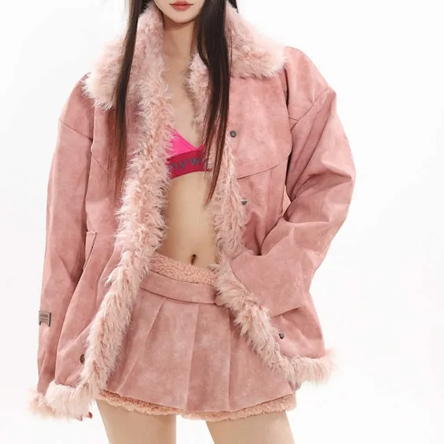 Vintage Maillard Suede Fur Splicing Coat Pleated Skirt Suit Pink Skirt - Shop at LoveMi