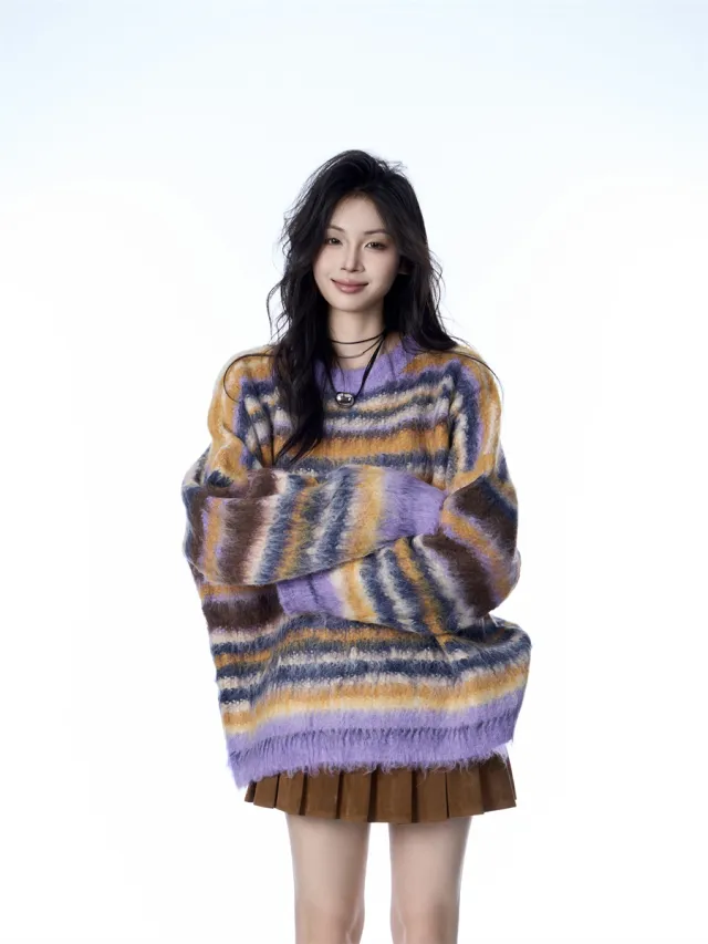 Striped Idle Style Mohair Women's Scarf Hat Sweater Purple - Shop at LoveMi
