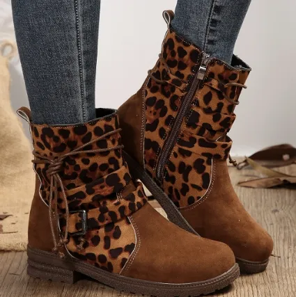 Buckle Square Heel Round Head Fashion Boots New Side Zipper Mid-calf - Leopard