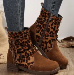 Buckle Square Heel Round Head Fashion Boots New Side Zipper Mid-calf - Leopard - View 1