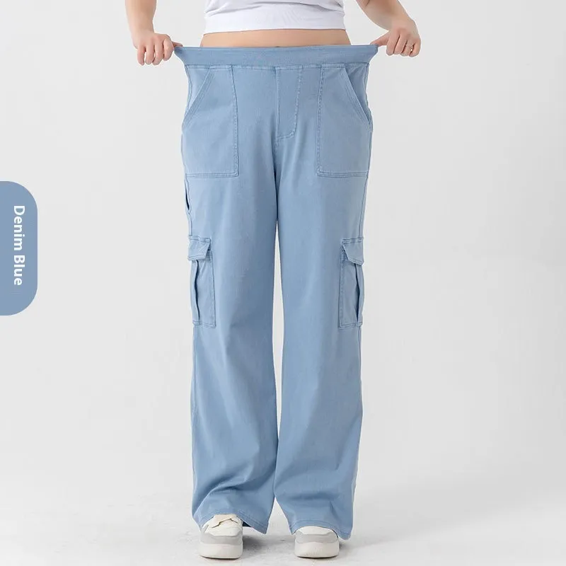 High Waist Stretch Double Pocket Sports Casual Pants - Denim Blue