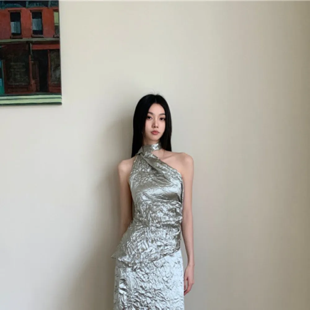 White Satin Crumpled Texture Split Dress - Top