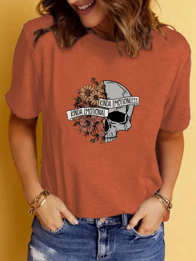 Summer Women's Graphic Print Crew Neck Short sleeved T shirt Rust Red - Shop at LoveMi