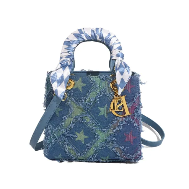 Denim Handbag Women's New Korean style Fashion Shoulder Niche Texture Rhombus Crossbody Tote Bag Blue - Shop at LoveMi