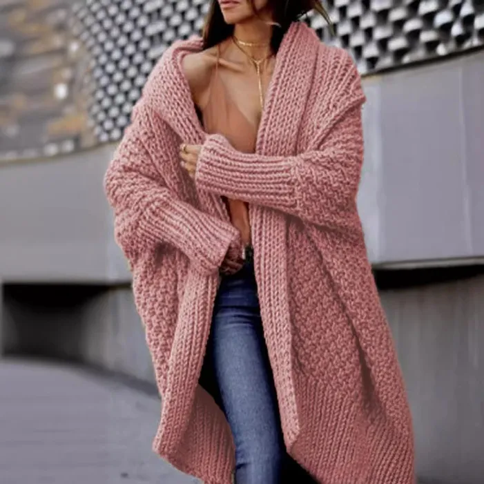 Autumn And Winter Long Thick Sweater Cardigan For Women - Pink