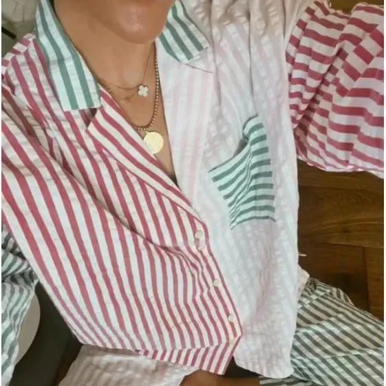 Fashion Multi-color Striped Printed Shirt Women's Set - Picture Color-L