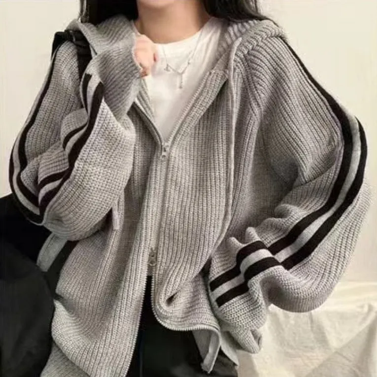 Fashion Temperament Leisure Drawstring Hooded Knit Cardigan Ladies - Gray