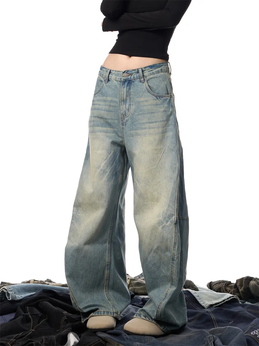 Retro Worn Loose Washed-out Worn Jeans Women's Trousers - Blue