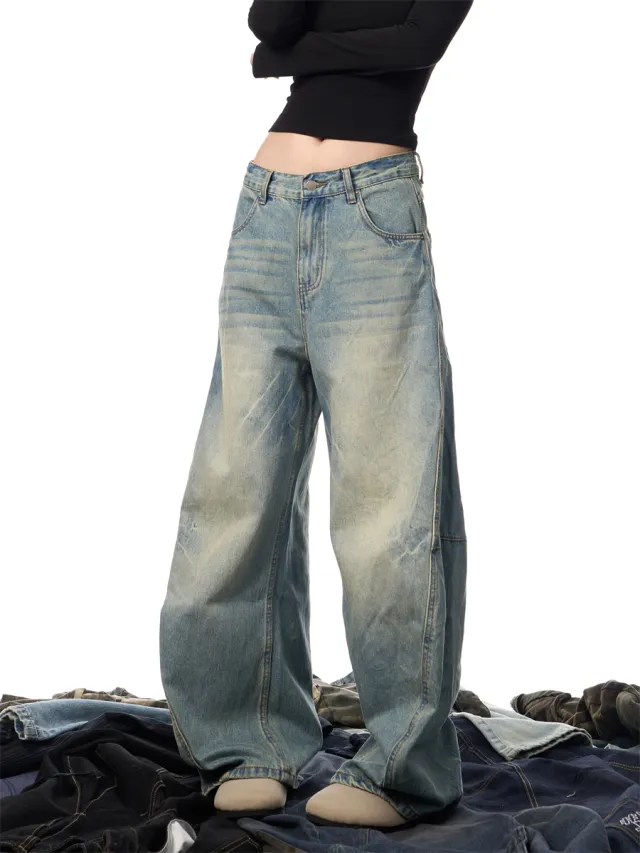Retro Worn Loose Washed out Worn Jeans Women's Trousers Blue - Shop at LoveMi