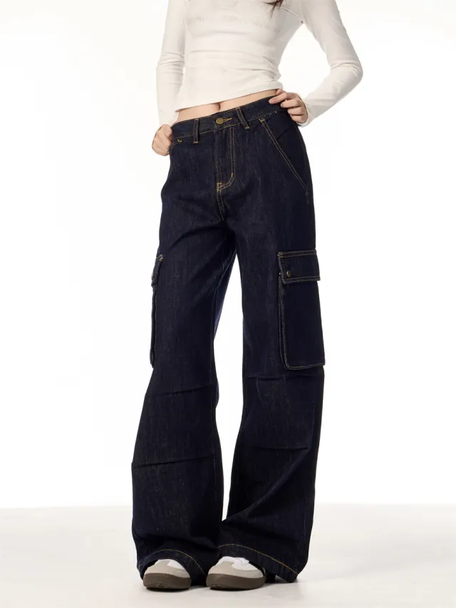 Multi pocket Straight Cargo Jeans Women's Wide leg Trousers Black - Shop at LoveMi