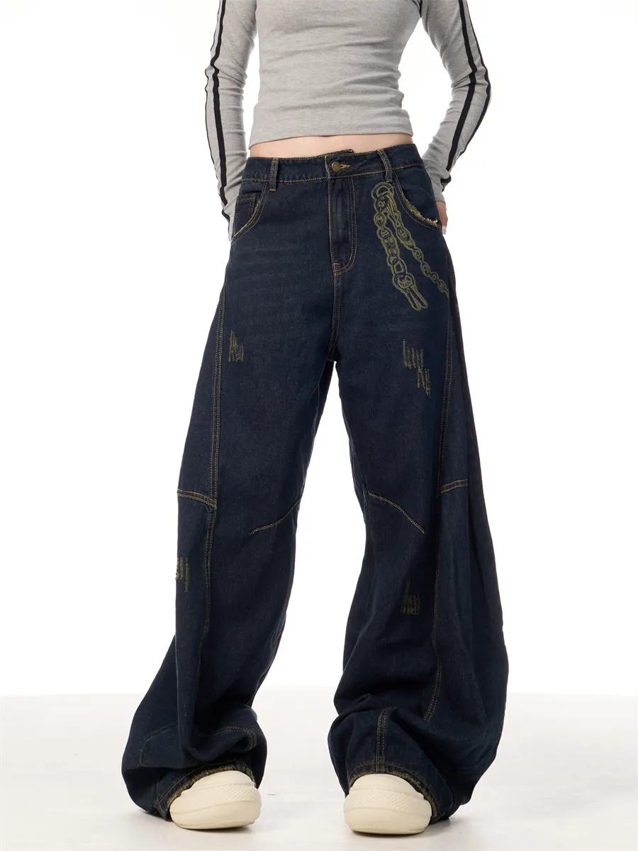 Women's Retro Patchwork Machete Wide Leg Denim Overalls - Blue