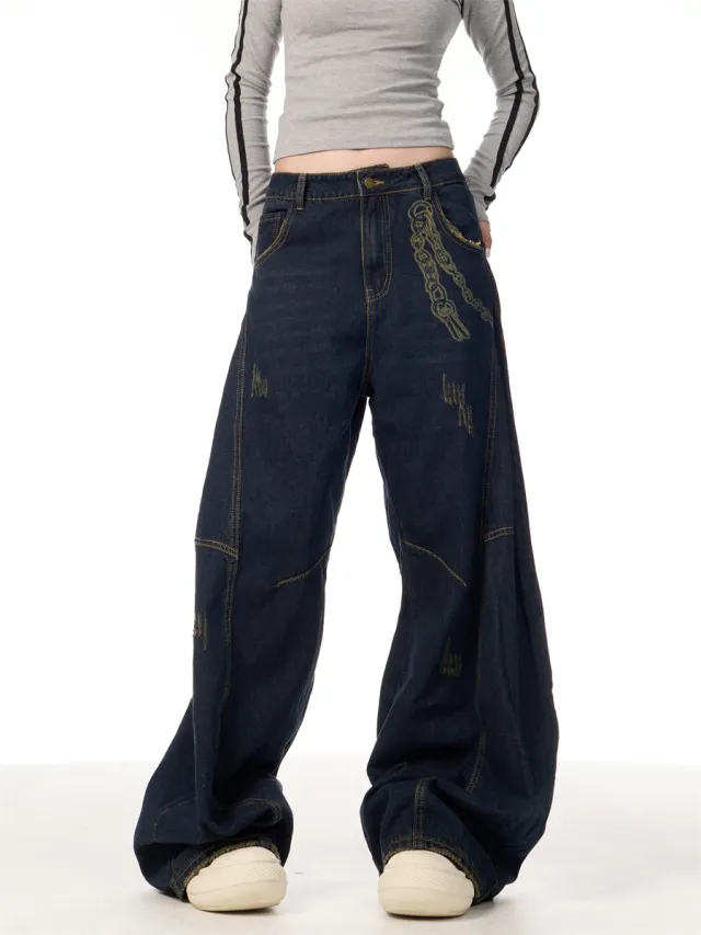 Women's Retro Patchwork Machete Wide Leg Denim Overalls Blue - Shop at LoveMi