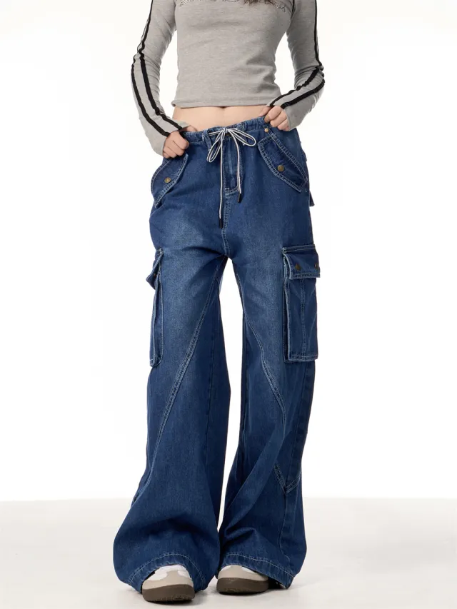 Women's Retro Multi pocket Jeans Loose Straight Cargo Pants Blue - Shop at LoveMi