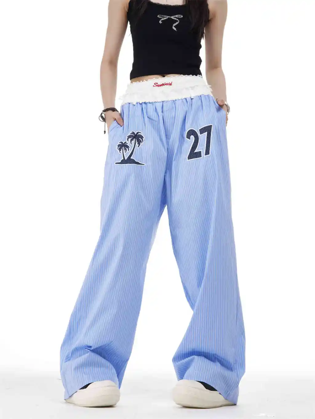 Vertical Stripes Embroidery Slimming Casual Pants Straight Wide Leg Pants - Blue
