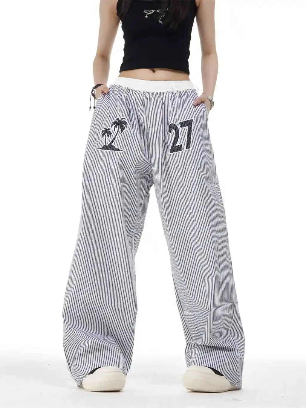Vertical Stripes Embroidery Slimming Casual Pants Straight Wide Leg Pants - Gray With Shorts