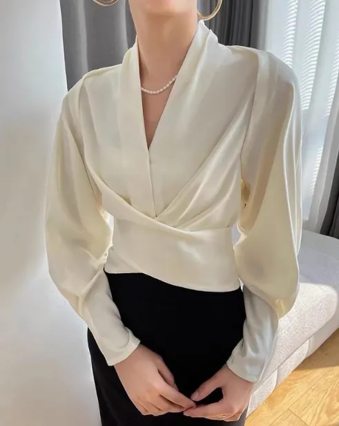 Autumn New Elegant Long Sleeve Top Beige - Shop at LoveMi