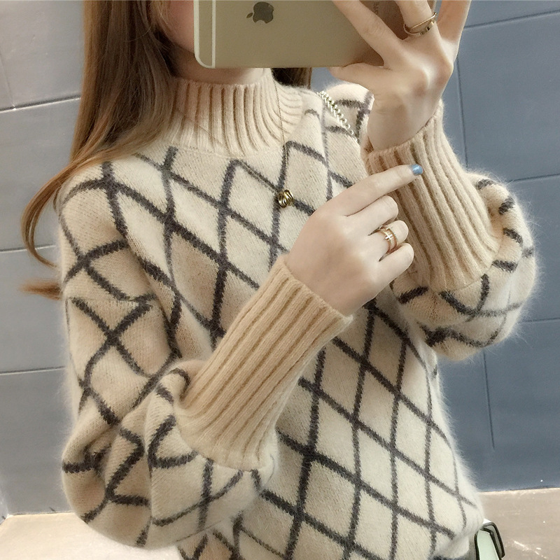 Title 5, Korean Style Trendy Diamond Grid Pullover Knitt...