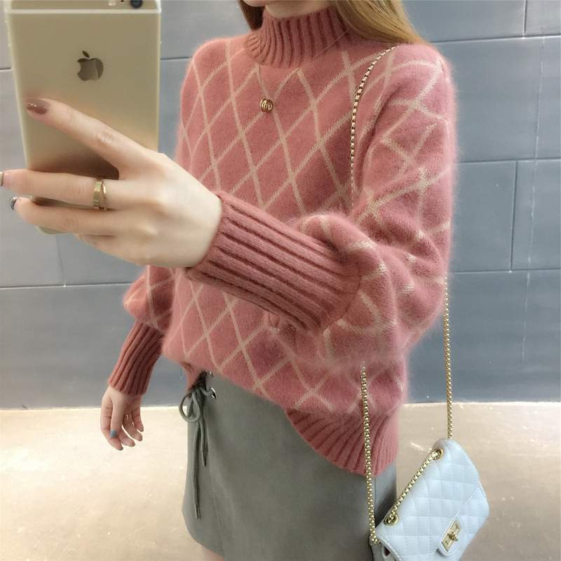 Title 4, Korean Style Trendy Diamond Grid Pullover Knitt...