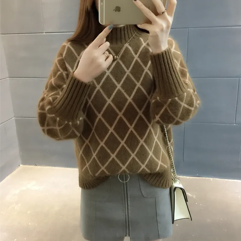 Korean Style Trendy Diamond Grid Pullover Knitted Sweater - Army Green