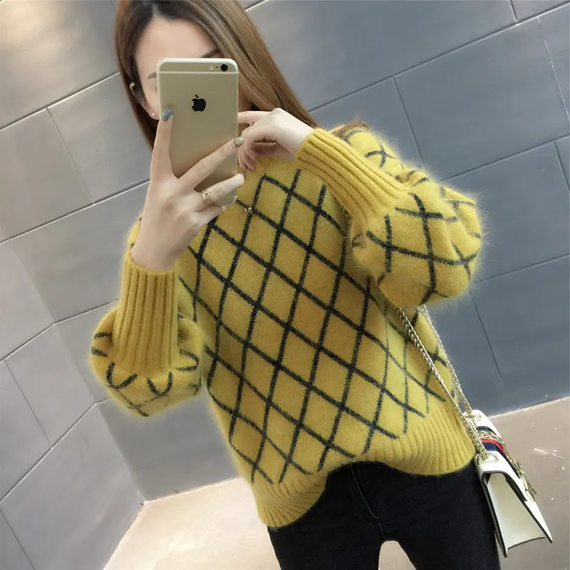 Korean Style Trendy Diamond Grid Pullover Knitted Sweater - Yellow