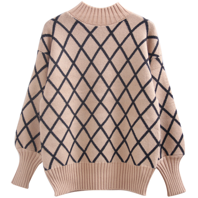 Title 2, Korean Style Trendy Diamond Grid Pullover Knitt...