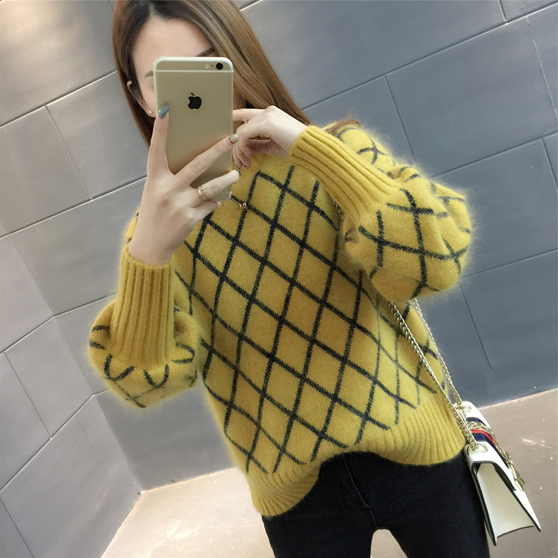 Title 6, Korean Style Trendy Diamond Grid Pullover Knitt...