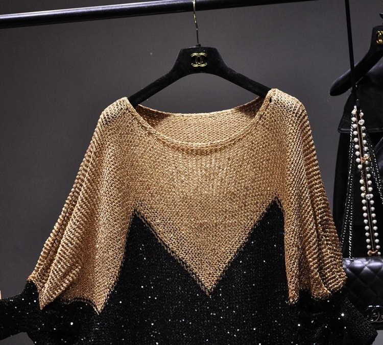 Title 7, Sequined Pullover Loose Cape Batwing Shirt Holl...