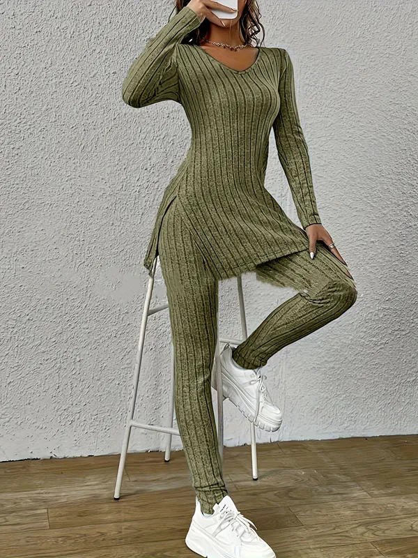 Long Sleeve Split Round neck Shirt Loose Smart Trousers Suit Army Green - Shop at LoveMi