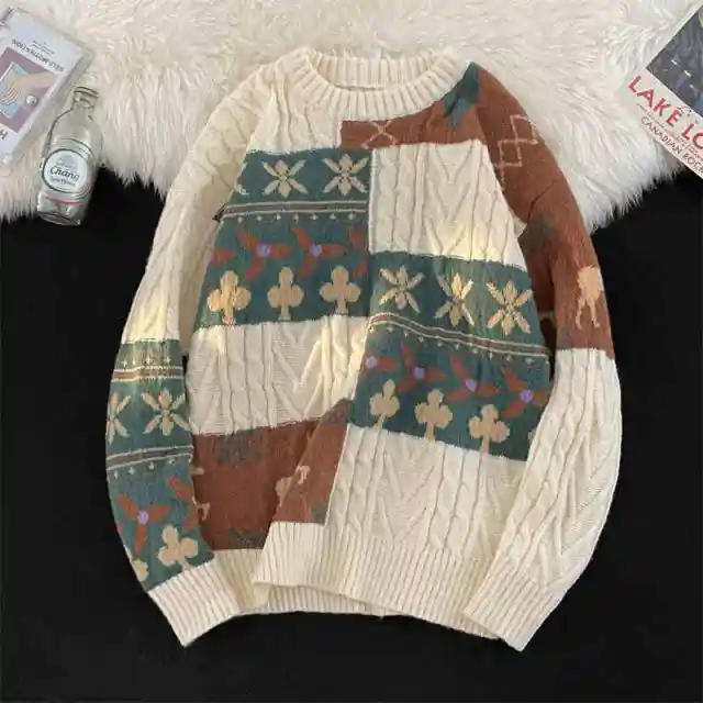 Fleece lined Thickened Turtleneck Retro Art Design Sweater Warm Apricot - Shop at LoveMi