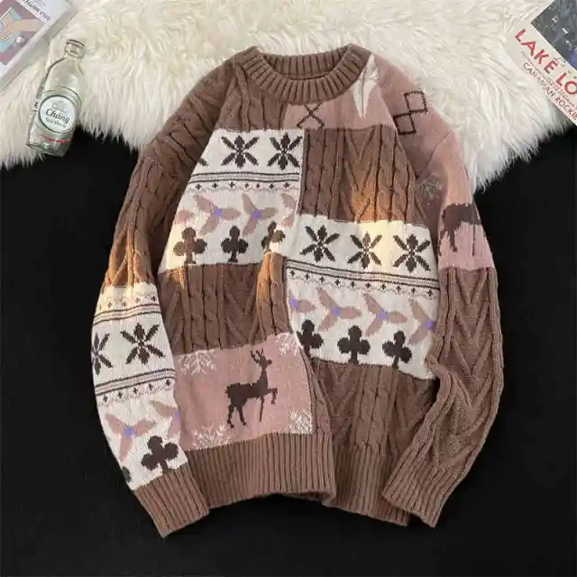 Fleece lined Thickened Turtleneck Retro Art Design Sweater Warm Coffee - Shop at LoveMi