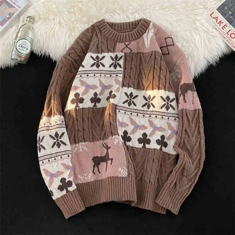 Fleece-lined Thickened Turtleneck Retro Art Design Sweater Warm - Coffee