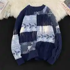 Fleece-lined Thickened Turtleneck Retro Art Design Sweater Warm - Blue - View 1