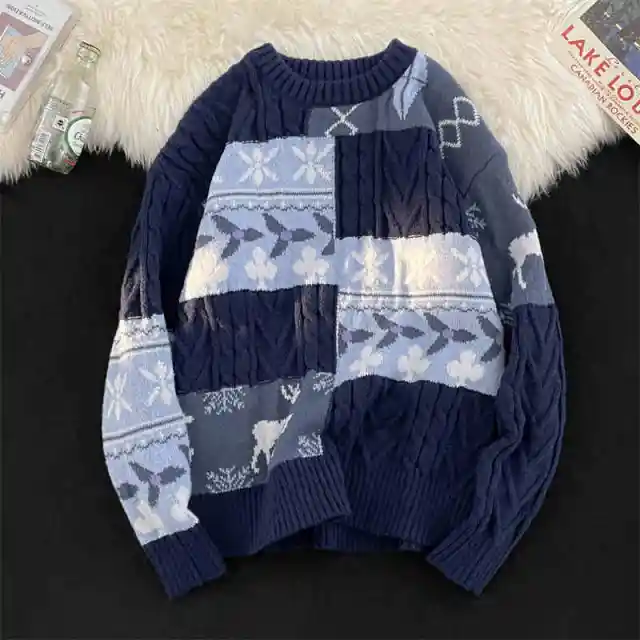 Fleece lined Thickened Turtleneck Retro Art Design Sweater Warm Blue - Shop at LoveMi