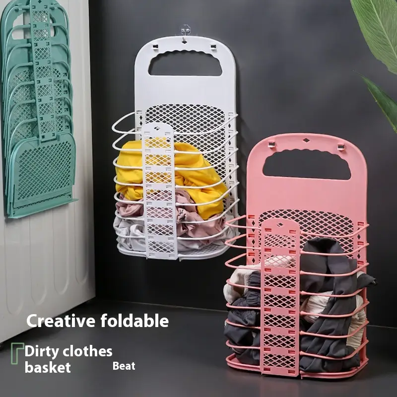 Foldable Laundry Basket Plastic Storage Box Household Punch-free Bathroom Wall Hanging Laundry Basket Bedroom Dress Basket