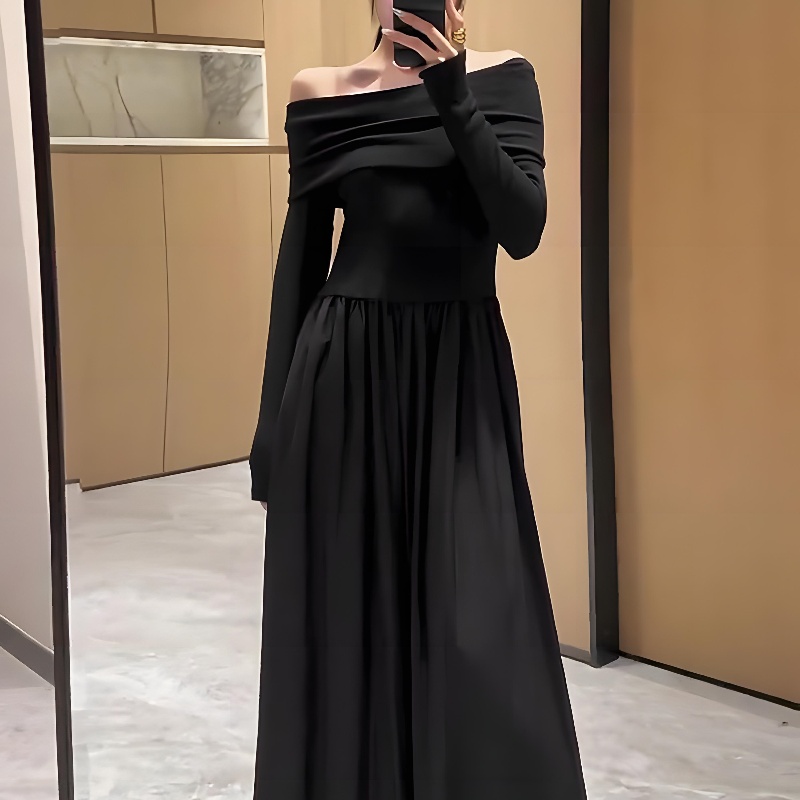 High-End Off-the-Shoulder Dress Women Spring Autumn 2024 New Long Sleeve Slimming Waist Elegant Versatile Midi Dress